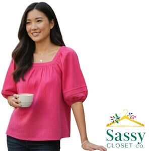 GAP Pink Smocked Bodice Puff Sleeve Swiss Dot Top Size Medium